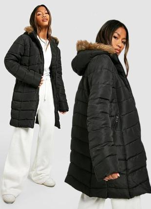 Длинная куртка зимняя стеганая с капюшоном парка пальто бренд - boohoo оригинал m-l
