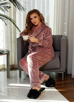 Костюм - двойка женский домашний велюровый, пижама велюровая, кофта, штаны, плюс сайз батал, пудра