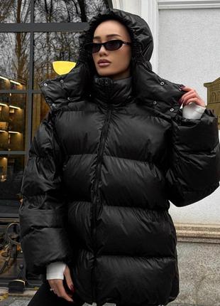 Теплый зимний дутый пуховик до -20° с капюшоном, женская куртка пуховик на зиму, пуховик на мембране, пуховик зима на экопухую оверсайз, тайм5 фото