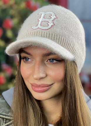 Пушистая теплая зимняя кепка  бейсболка  шерсть кролика,  4955бр