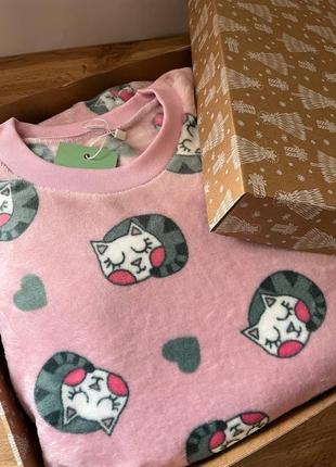 Піжама жіноча тепла рожева з котиками м'яка велсофт