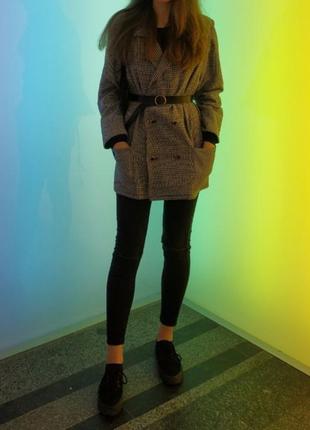 Женский пиджак длинный удлиненный жакет в гусиную лапку двубортный в клетку принт серый черно белый