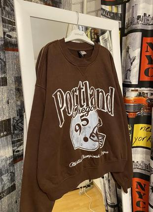 Стильний трендовий оверсайз коричневий світшот з принтом portland, h&m