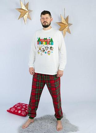 Новорічна піжама чоловіча, тепла піжама новорічна з оленем, новорічна піжама фемілі лук у клітинку