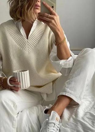 Подовжений в'язаний жилет ✨h&m✨ молочна жилетка жилет оверсайз вазяна накидка бавовна