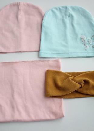 Набір тоненьких осінніх шапочок на дівчинку 1.5-2 року, повʼязка на голову
