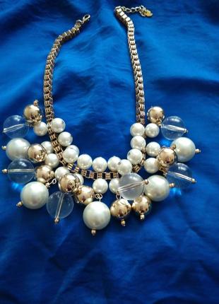 Колье с прозрачными шариками и жемчугом