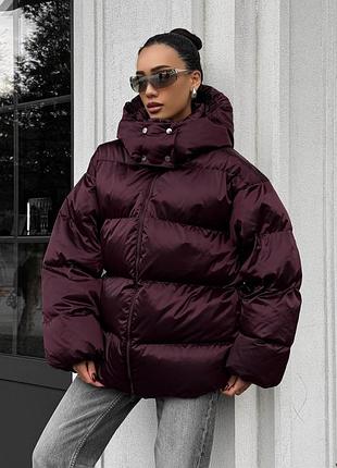 Жіночий якісний теплий бордовий пуховик оверсайз тепла куртка бордова бургунді