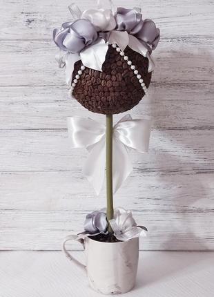 Сувенир статуэтка топиарий (дерево счастья) с кофе и атласными лентами ручная работа...