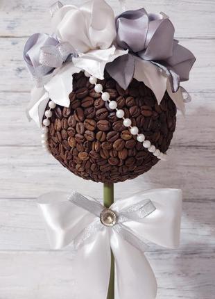 Сувенир статуэтка топиарий (дерево счастья) с кофе и атласными лентами ручная работа...