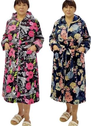 Жіночий теплий махровий халат на блискавці великого розміру 48-64