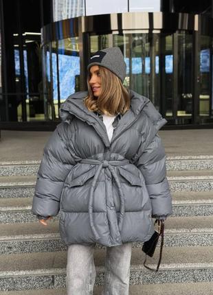 Женский качественный теплый пуховик пуфер трансформер дутый серый