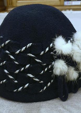 Теплая зимняя фетровая шапка, белый мех - песец