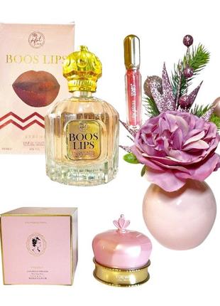 Туалетная вода boos lips 100ml, крем для лица  ydewly, блеск для губ, новогодний декор в вазе.