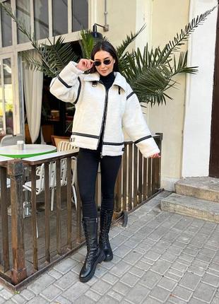 Дубленка женская, осень-зима, молочный, темно-серый3 фото