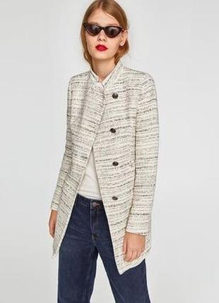 Изысканный твидовый удлиненный жакет блейзер s/m zara легкая асимметрия