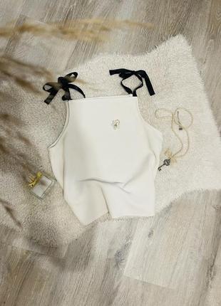 Майка белая топ в рубчик с бантиками zara