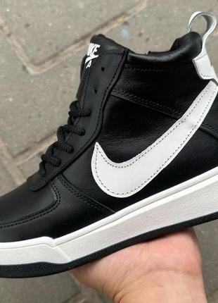 Зимові хайтопи кеди черевикі в стилі nike  black white натуральна шкіра  зимние кожаные ботинки найк чёрные с белым