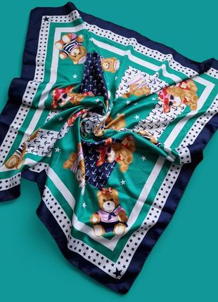 Шелковый платок с медвежонками синий платок зеленый платок цвета морской волны