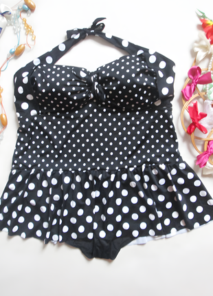 Шикарный слитный купальник батал в горох с юбкой swimwear🌴🌹🌴