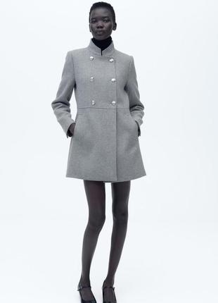Двубортное пальто серое шерстяное zara new