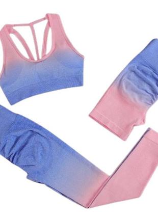 Спортивний костюм трійка (топ, легінси та шорти) з градієнтом синьо-рожевого кольору, розмір l