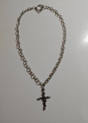 Масивний ланцюжок на шию з хрестом і розою, хрестиком, крест, кулон підвіска чоловіча унісекс жіноча, кольє хрест