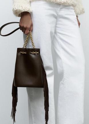 Циліндрична сумка-мішок коричнева з бахромою zara new2 фото
