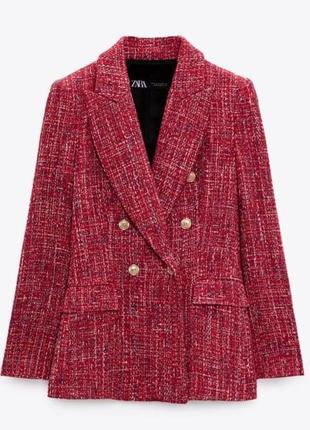 Красный твидовый жаккардовый пиджак жакет зара zara