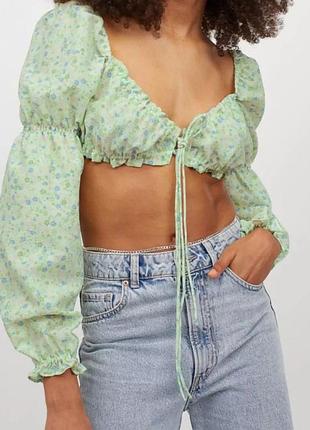 Салатовый кроп-топ с рукавами буфами h&amp;m