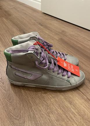 Высокие серебристые кожаные сникерсы (кроссовки) diesel s-leroji mid, унисекс