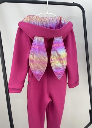 Теплый на флисе комбинезон с ушками зайчика розовый