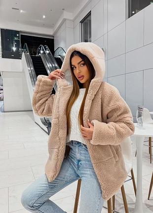 Трендовая шуба экомех тедди с утеплителем серый беж чёрный молоко