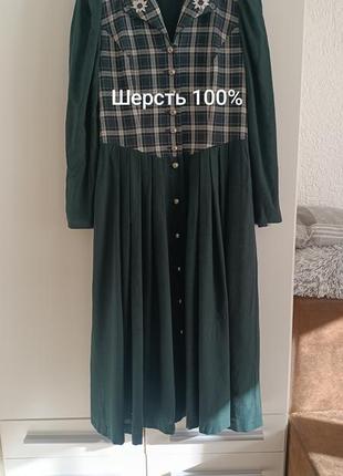 Зелёное шерстяное платье. платье в клетку шерстяное. винтажное шерстяное платье