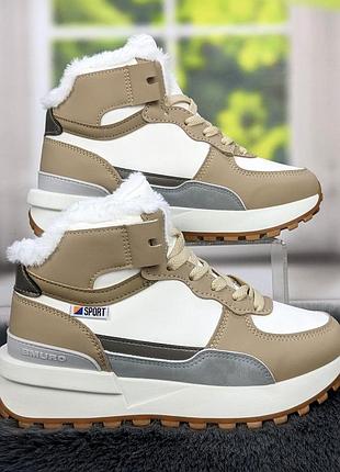 Ботинки женские зимние спортивного типа белые с бежевым comfort 4579