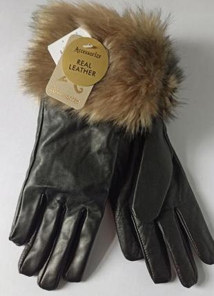 Шикарные женские кожаные перчатки accessorize с меховой опушкой
