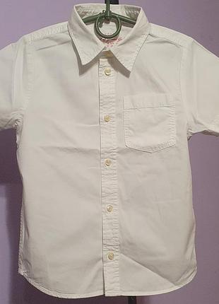 Рубашка из хлопка на короткий рукав детская на мальчика возраст 6-7 лет 122 рост белая фирменная рубашка