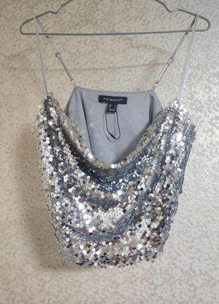 Primark  ідеальний святковий сріблястий блискучий silver tops топ кроп паєтки бренд primark, р.12