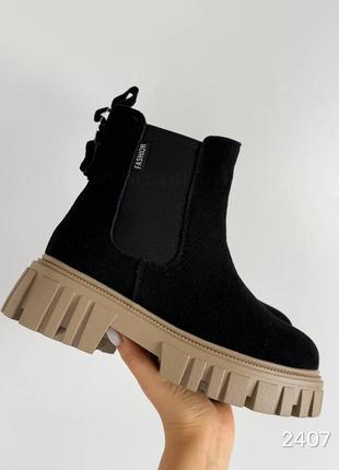 Черные женские зимние челси ботинки ботинки на бежевой подошве из натуральной замши замшевые зимние ботинки ботинки9 фото