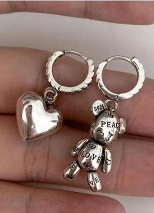 Сережки срібло оригінальні стильні teddy 🧸 bear 🐻 застібка кільце стиль вінтаж великий вибір кільця, браслети, ланцюжки