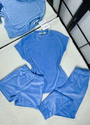 Синий голубой женский велюровый домашний костюм тройка женский велюровый костюм футболка шорты брюки женская велюровая пижама