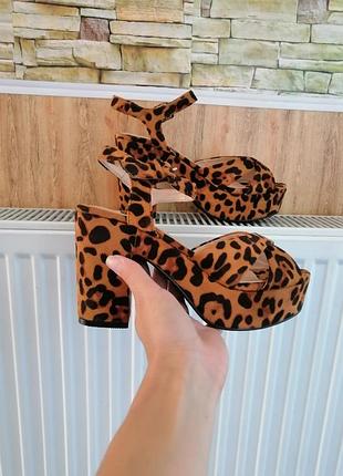 Крутые босоножки леопардовый принт экозамш толстый каблук