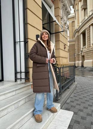 Коричневая женская зимняя двухсторонняя куртка шуба женское зимнее двухстороннее пальто куртка