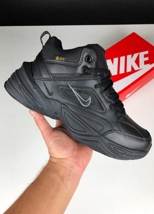 Мужские зимние кроссовки nike jordans m2k tekno mid black winter найк м2к текуче мех черные кожаные высокие