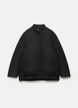 Черный шерстяной бомбер куртка из шерсти оверсайз шерсть тепла zara6 фото