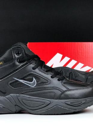 Nike m2 tekno чорні  кросівки кеди чоловічі ботінки сапоги високі теплі найк текно зимові з хутром відмінна якість шкіряні шкіра