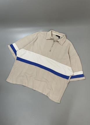 Бежева футболка поло asos з принтом, молочна, на змійці, 1/4 zip, з коміром, вафельна, в смужку