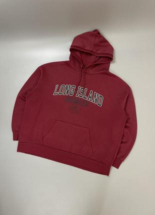 Бордовое худи primark с принтом long island, оверсайз, свободное, принт, принт, примарк