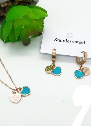Набор медсталь, tiffany тифанные, серьги конго подвески сердечка и колье подвеска закуна