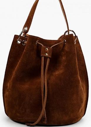 Велика містка сумка бочонок натуральна шкіра та замша